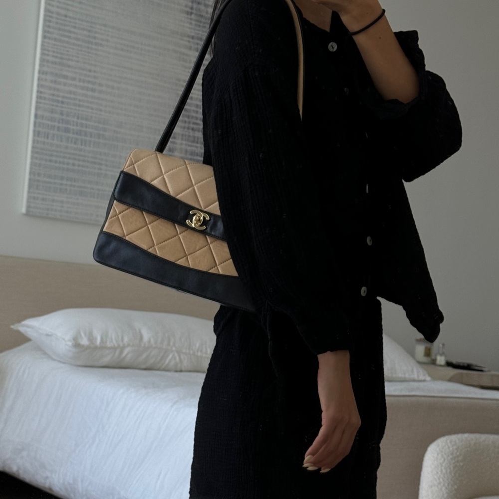 Two Tone Beige Black Lambskin Chanel by Karl Lagerfeld from the 1990s